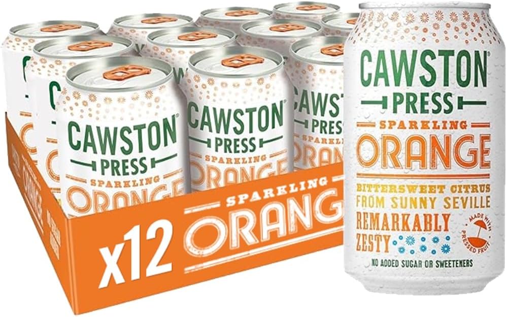 Cawston Press Sparkling Orange Fizzy Drink Blended With Sparkling Water and Pressed Apple (330ml x 12 cans) Gluten Free - Vegan - No Added Sugar