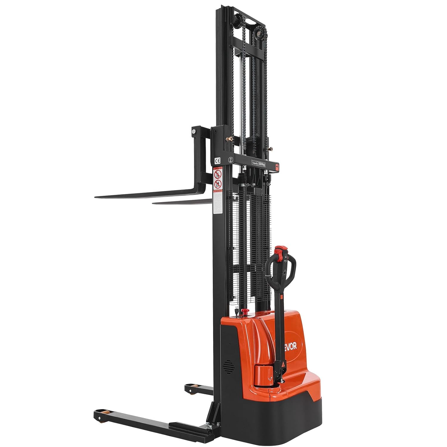 VEVOR Full Electric Pallet Stacker, 3300 lbs Capacity, 130'' Lifting Height, Pallet Lift Stacker Forklift with Straddle Legs & Forks, 8.66-31.1 Inches Adjustable Fork Width, Orange & Black