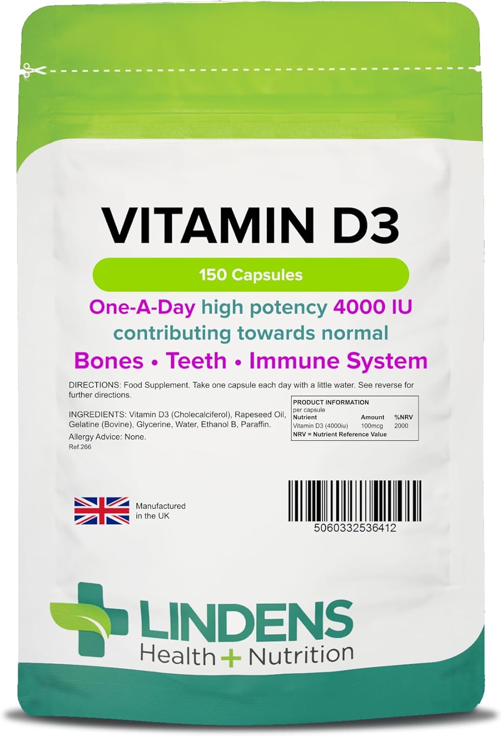Lindens Vitamin D3 4000IU - 150 High Strength Capsules - Supports Healthy Immune System & Calcium Absorption - One-A-Day Capsule - 5 Month Supply - UK Manufacturer & Letterbox Friendly