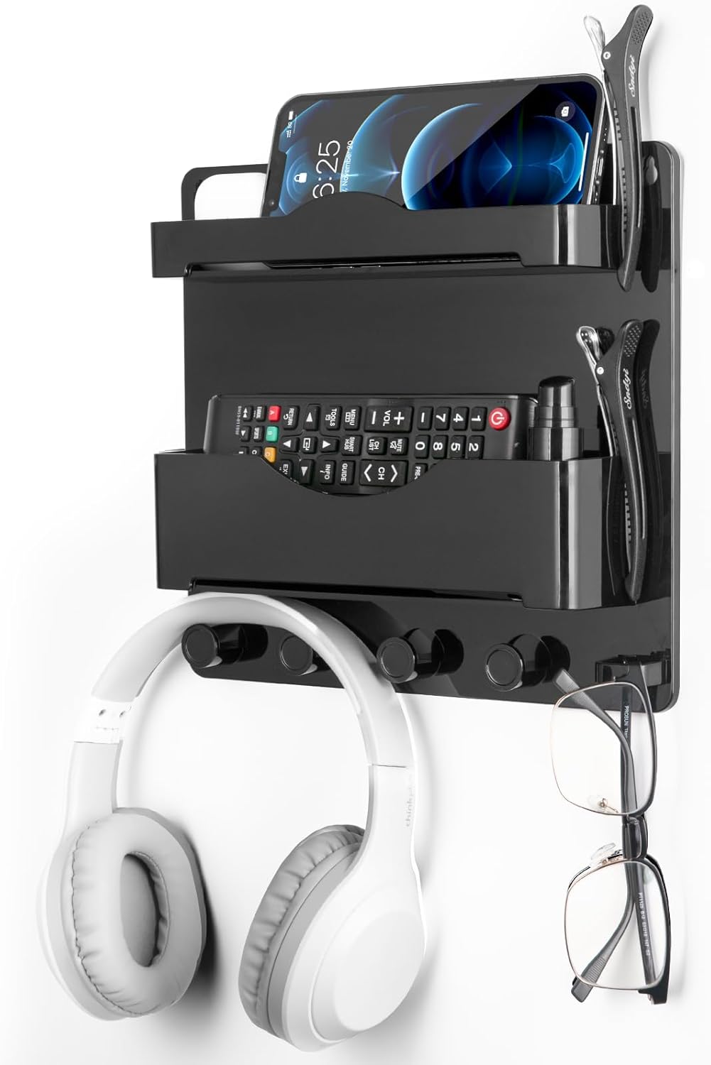 JUMEIHUI Bedside Wall Shelf with Glasses Hooks ，Adhesive Bedside Organizer Wall Mount for Dorm and Room Accessories Phone，Remote，Earphone， Kindle (Black)