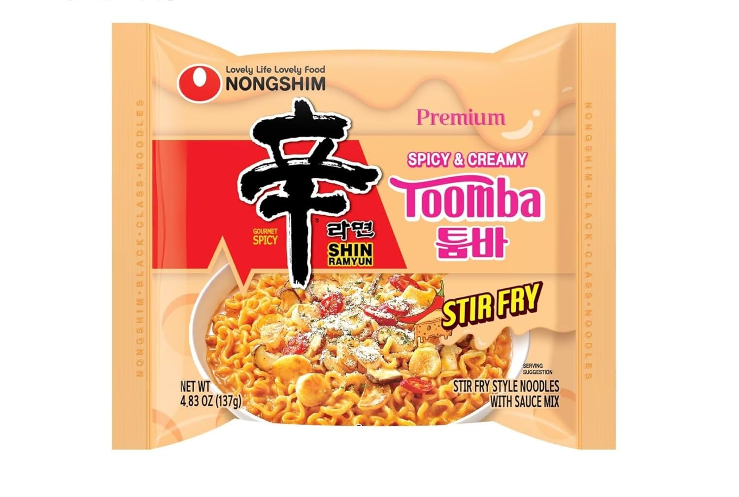 Nongshim Ramen Noodles, Gourmet Instant Ramen, Premium Noodle, Spicy Creamy Stir Fry, Shin Toomba, 4.83oz (Pack of 4)