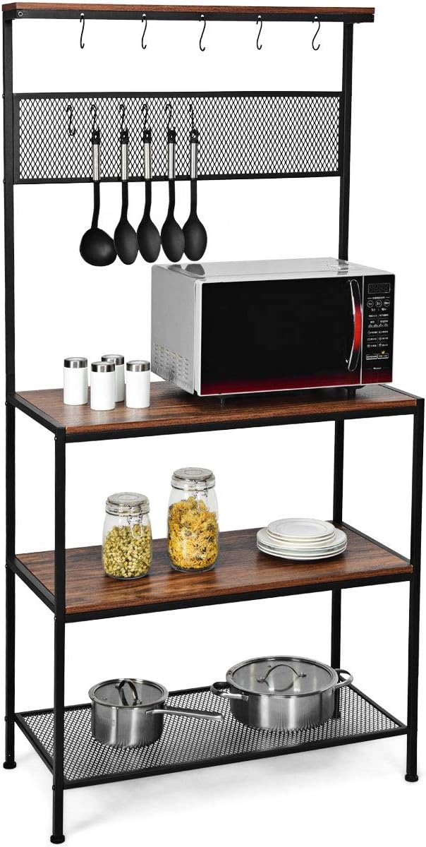 COSTWAY Kitchen Baker’s Rack, Microwave Oven Stand Organizer with Hooks and Open Shelves, Free Standing Utility Storage Shelf for Dining Living Room, 40x84x171cm