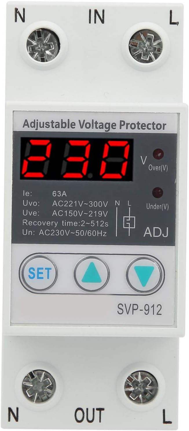 Voltage Protector Adjustable Under Over Voltage Protection, Voltage Output Stabilizer for Home Office Appliance, Protector Current Stabilizer Voltmeter for House Protection(63A)