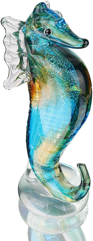 QFkris Handmade Glass Blue Seahorse Collectible Art Glass Blown Animal Figurine