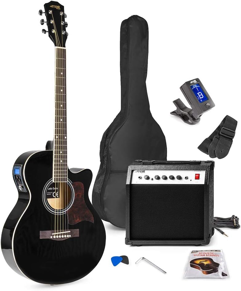 Beginner Electric Acoustic Guitar Kit with 40W Amp, Grand Auditorium Cutaway Body, Built-In LED Tuner & EQ, Gig Bag & Accessories - Max SHOWKIT Black