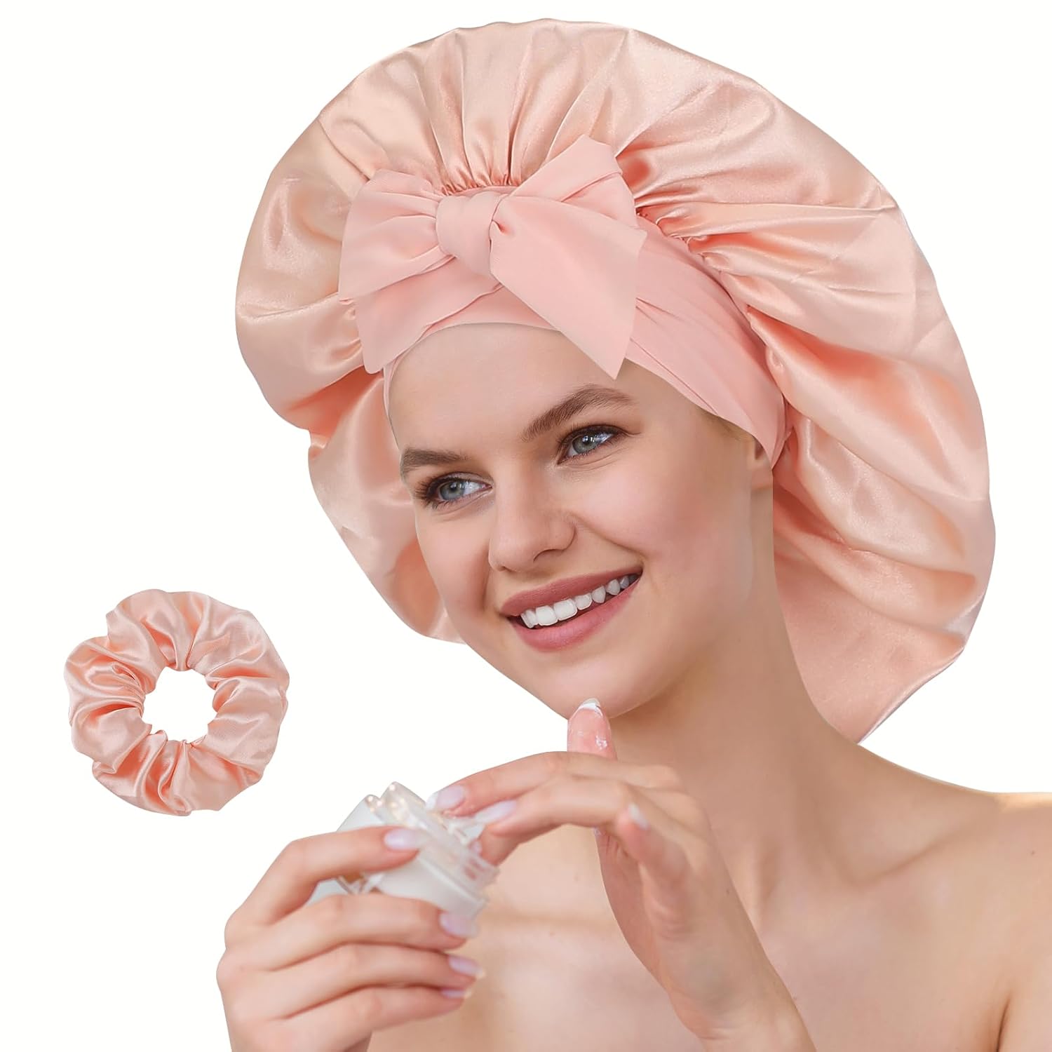 Satin Silk Bonnet Set for Women with Adjustable Soft Tie Band, Double Layer Hair Bonnet for Sleeping, Night Sleep Cap, Pink