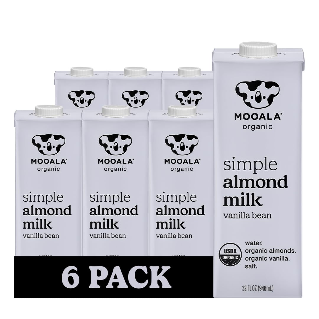 Mooala Organic Simple Almond Milk Vanilla, 32oz - 4 Ingredient, Shelf Stable, No Gums, No Oils, No Fillers, Unsweetened, Non-GMO, No Additives, Dairy Free Plant Based Milk, 6 pack