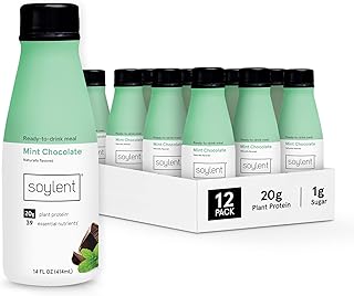 Soylent Mint Chocolate Meal Replacement Shake, Ready-to-Drink Plant Based Protein Drink, Contains 20g Complete Vegan Protein and 1g Sugar, 14oz, 12 Pack