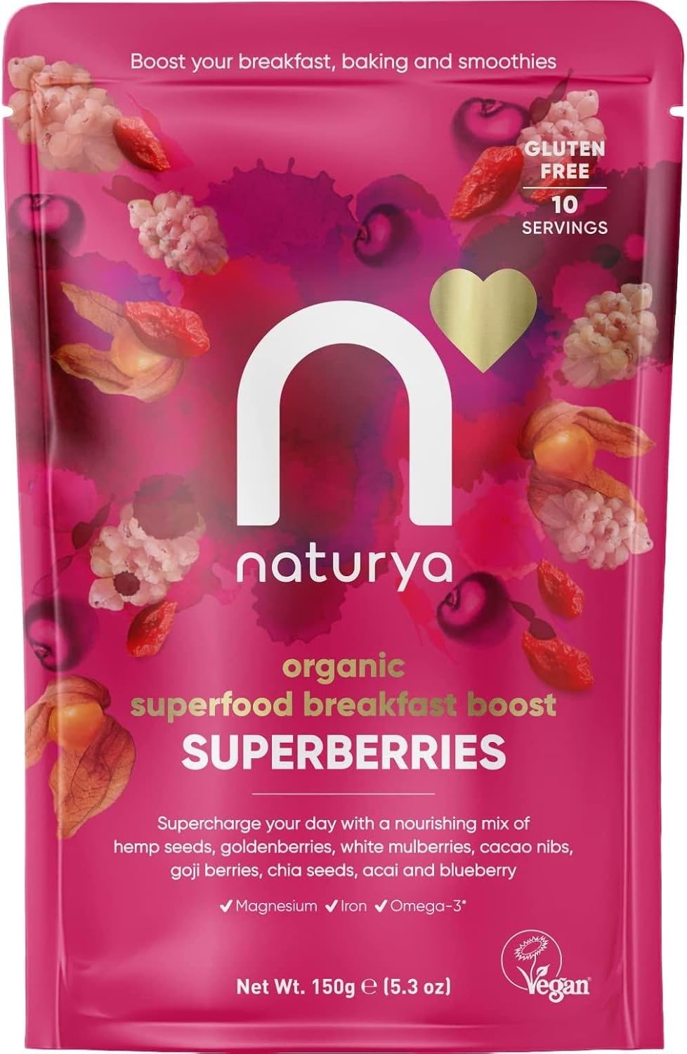 Naturya Organic Superberries Breakfast Boost - Nutrient-Rich Hemp, Goji, Goldenberries, and Chia Seeds Mix, High in Omega-3 and Protein, Vegan, Gluten-Free - 150g
