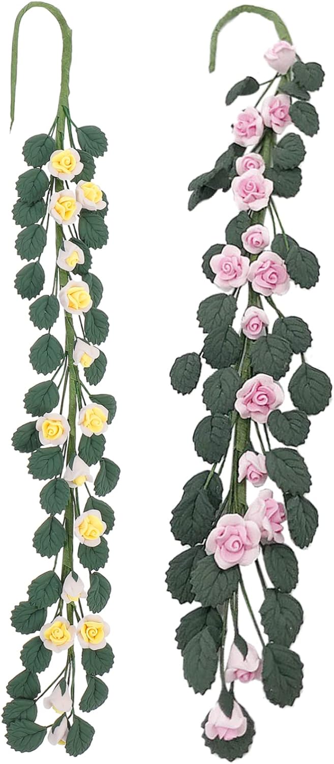 DECHOUS 2pcs Mini Artificial Rose Garland String for Fairy Garden Decor Realistic Tiny Flower Ornament in Yellow Pink for Dollhouse Sand Table DIY Craft and Gifts