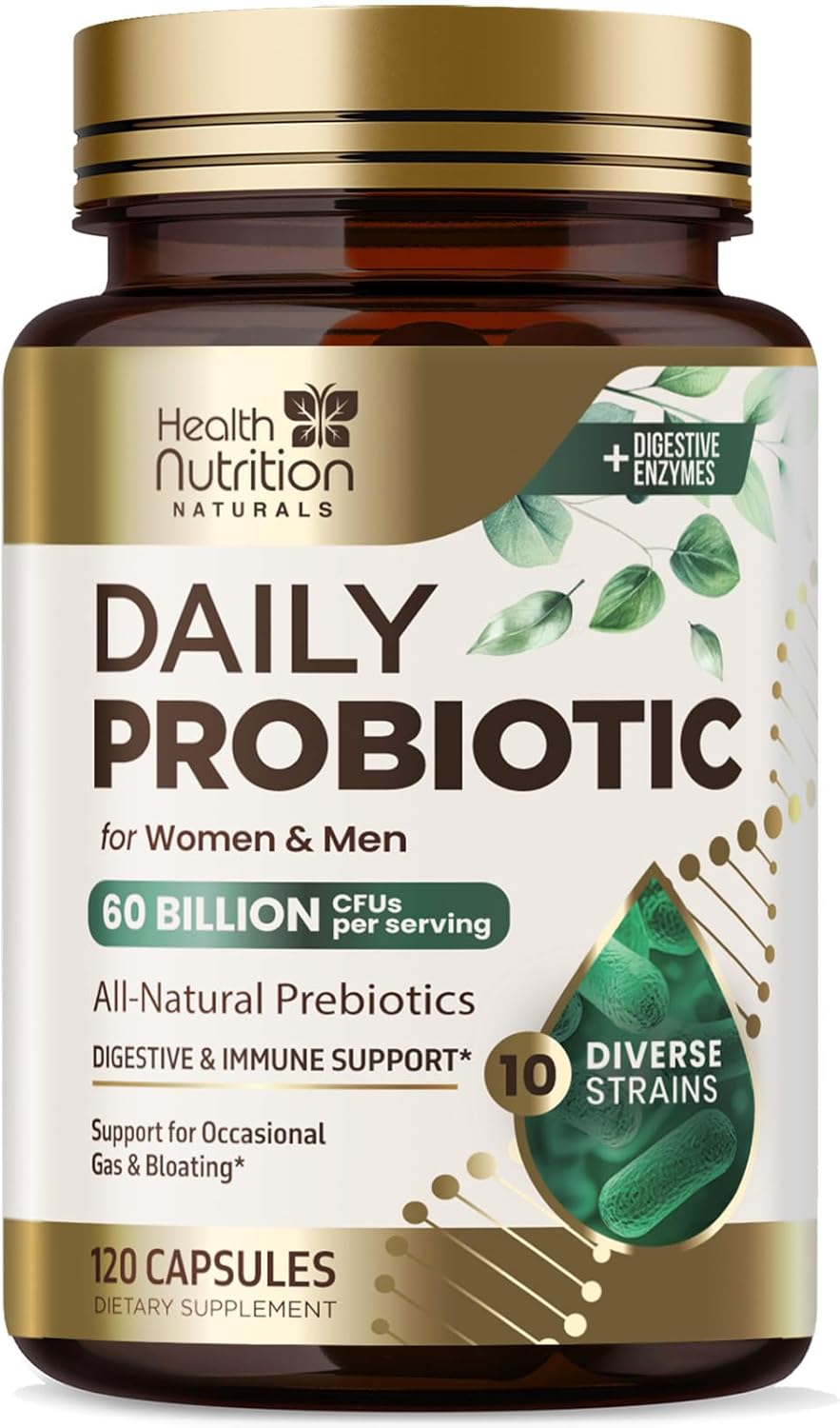 Probiotics 60 Billion CFU + 10 Probiotic Strains - Daily Probiotic for Digestive Health Blend - Gut & Immune Health Support, Prebiotics and Probiotics, Gas & Bloating for Women & Men - 120 Capsules