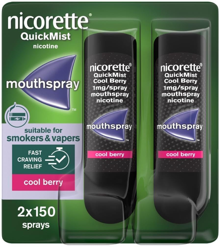 Nicorette QuickMist Cool Berry 1mg Spray Mouthspray Nicotine Duo-2x150 Sprays (Stop Smoking or Vaping Aid)