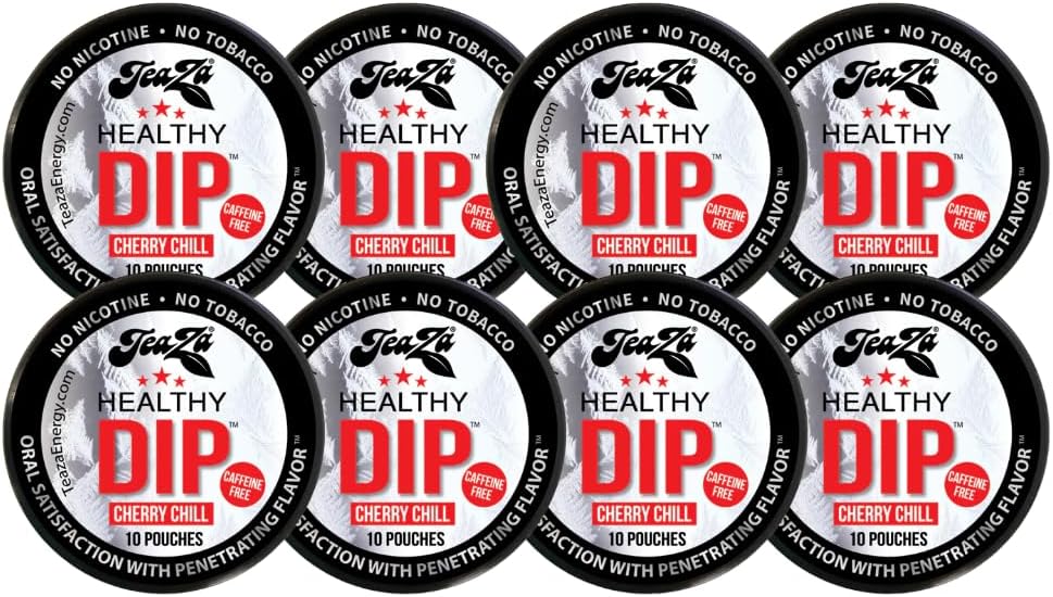 Teaza Energy Pouches, Tobacco Free Nicotine Free Dip Smokeless Alternative Snuff & Energy Dip Chewing Tobacco Alternative Healthy Dipping Premium Flavored Cherry Chill (8 Pack)