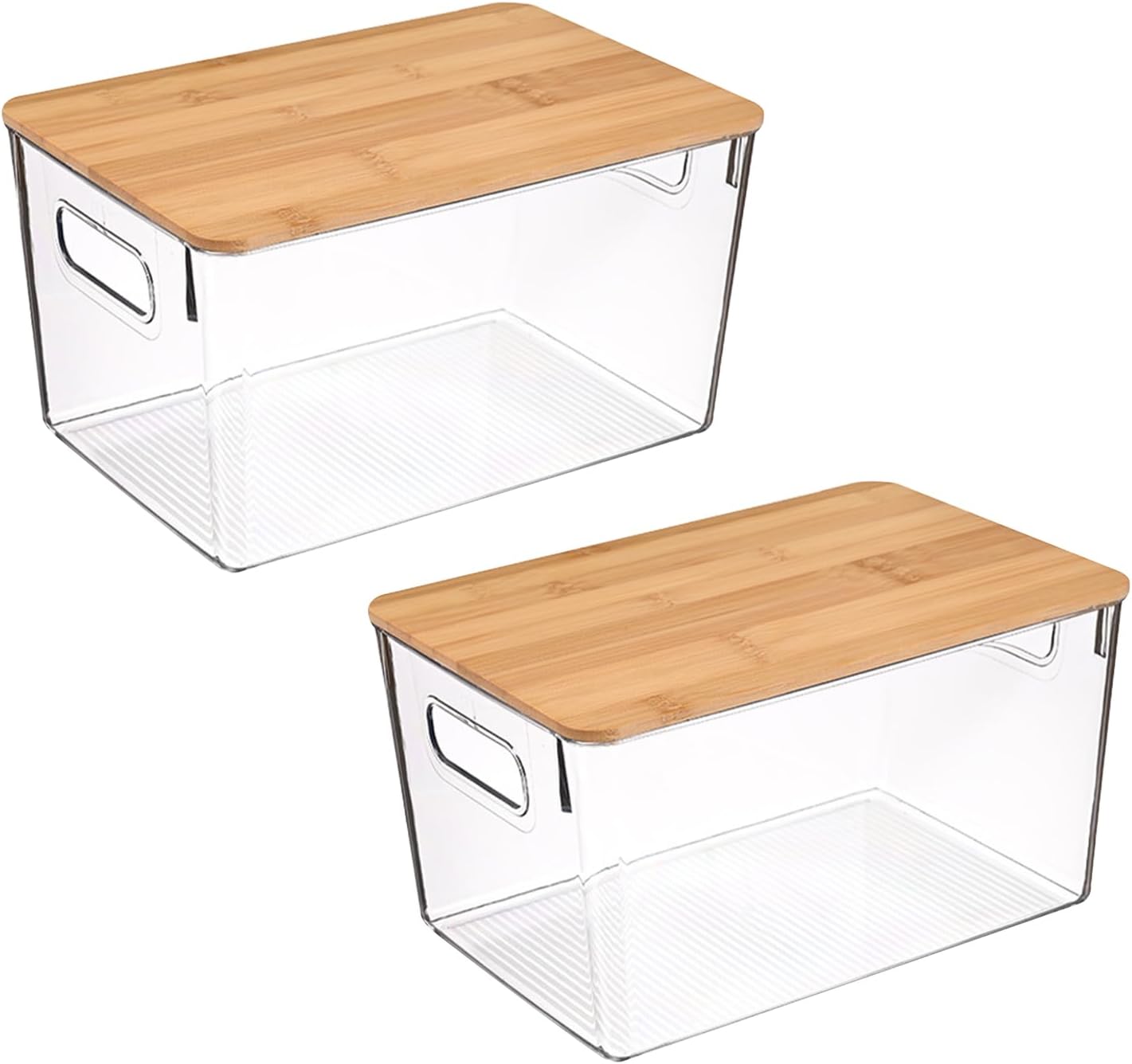 Gzsekken Plastic Storage Bins 2 Pack Kitchen Storage Box Stackable Cabinet Shelf Organiser with Bamboo Lid Kitchen Pantry Cabinet Perfect Snack Organisation- Clear/Natural