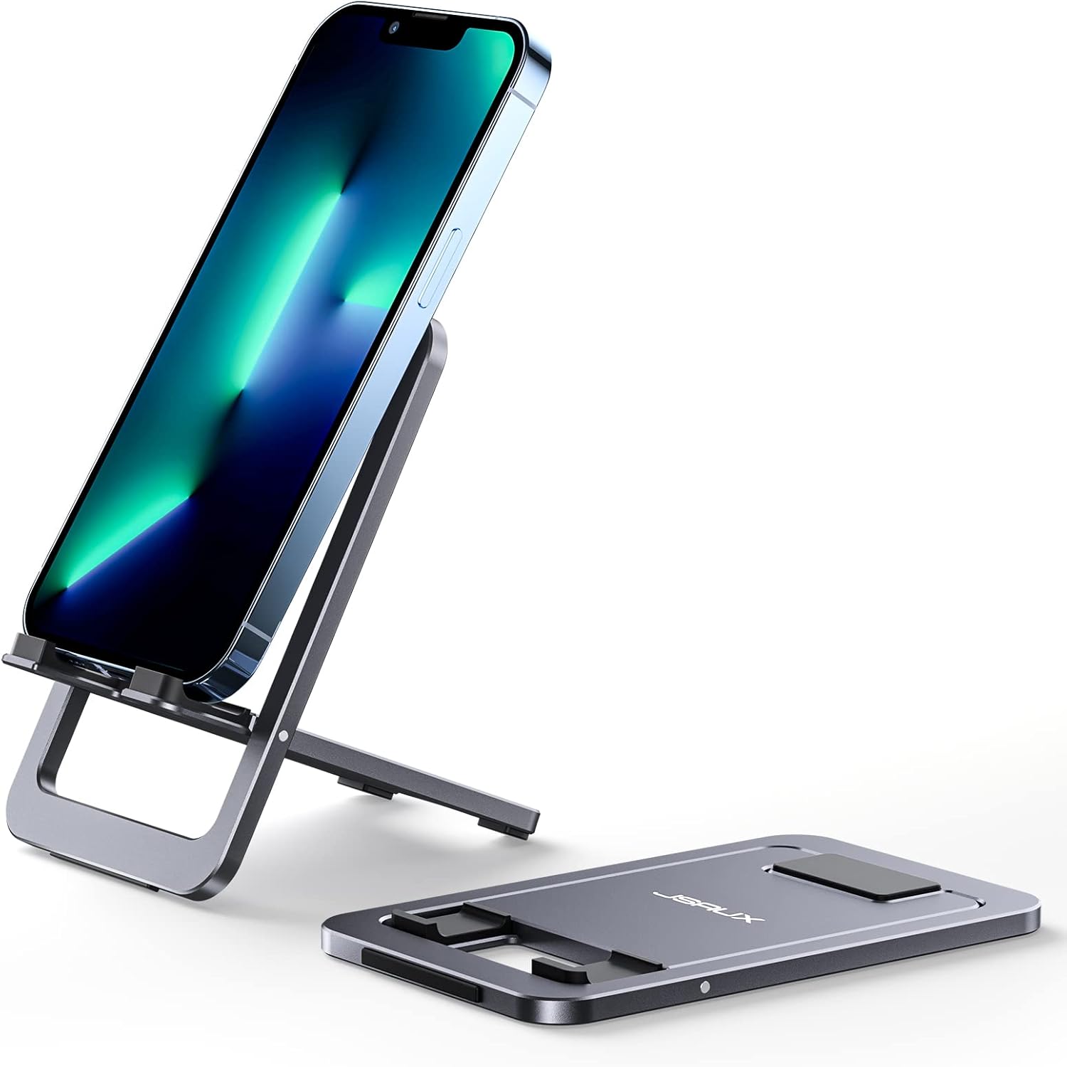 JSAUX Cell Phone Stand, Foldable Aluminum Adjustable Phone Holder for Desk Portable Travel Holder Office Desk Accessories Compatible with iPhone 15 14 13 12 11 Pro Max Samsung S22 S21 A53 Switch Grey