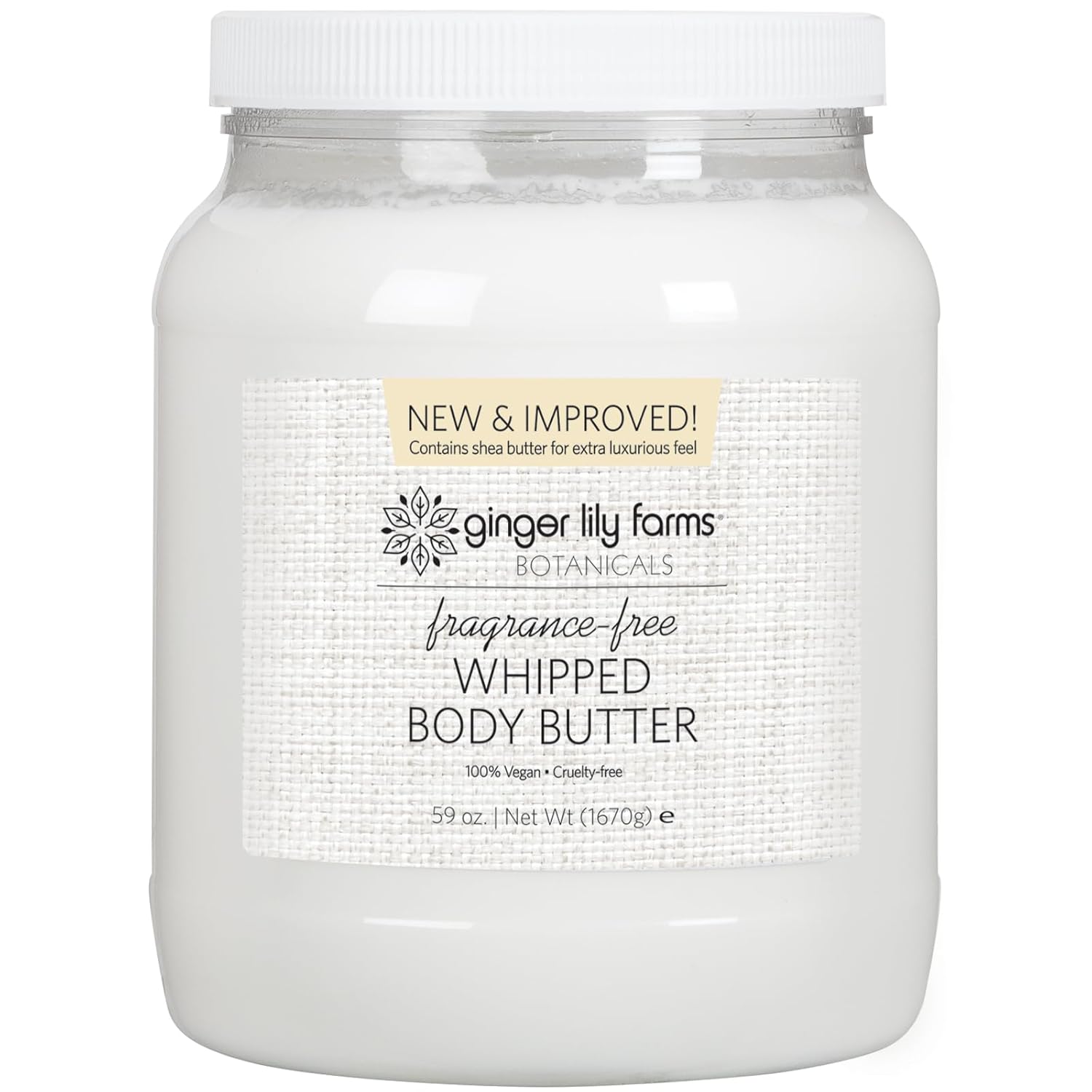 Ginger Lily Farms Botanicals Whipped Body Butter for Dry Skin, Ultra-Hydrating, 100% Vegan & Cruelty-Free, Fragrance-Free, 59 Ounces