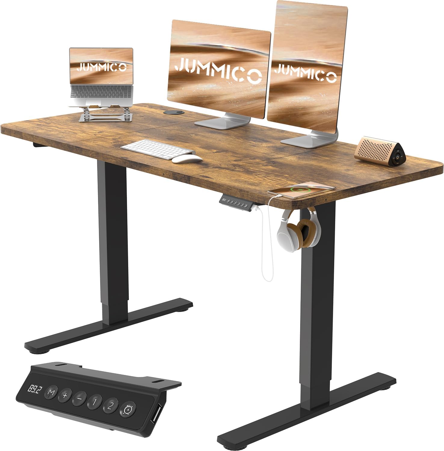 JUMMICO 120x60cm Electric Standing Desk with USB Charging Height Adjustable Desk with Sedentary Reminder Stand Up Desk with Splice Board for Home Office,Rustic Brown
