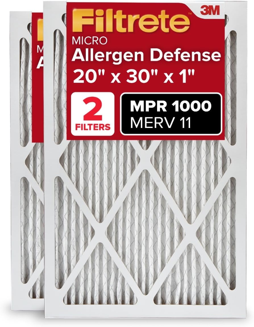 Filtrete 20x30x1 AC Furnace Air Filter, MERV 11, MPR 1000, Micro Allergen Defense, 3-Month Pleated 1-Inch Electrostatic Air Cleaning Filter, 2 Pack (Actual Size 19.81 x 29.81 x 0.81 in)