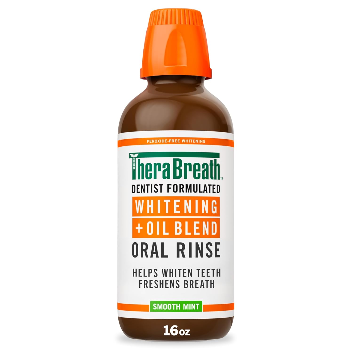 TheraBreath Whitening + Oil Blend Oral Rinse, Alcohol-Free & Peroxide-Free Mouthwash Helps Whiten Teeth & Freshen Breath, Smooth Mint, 16 Fl Oz
