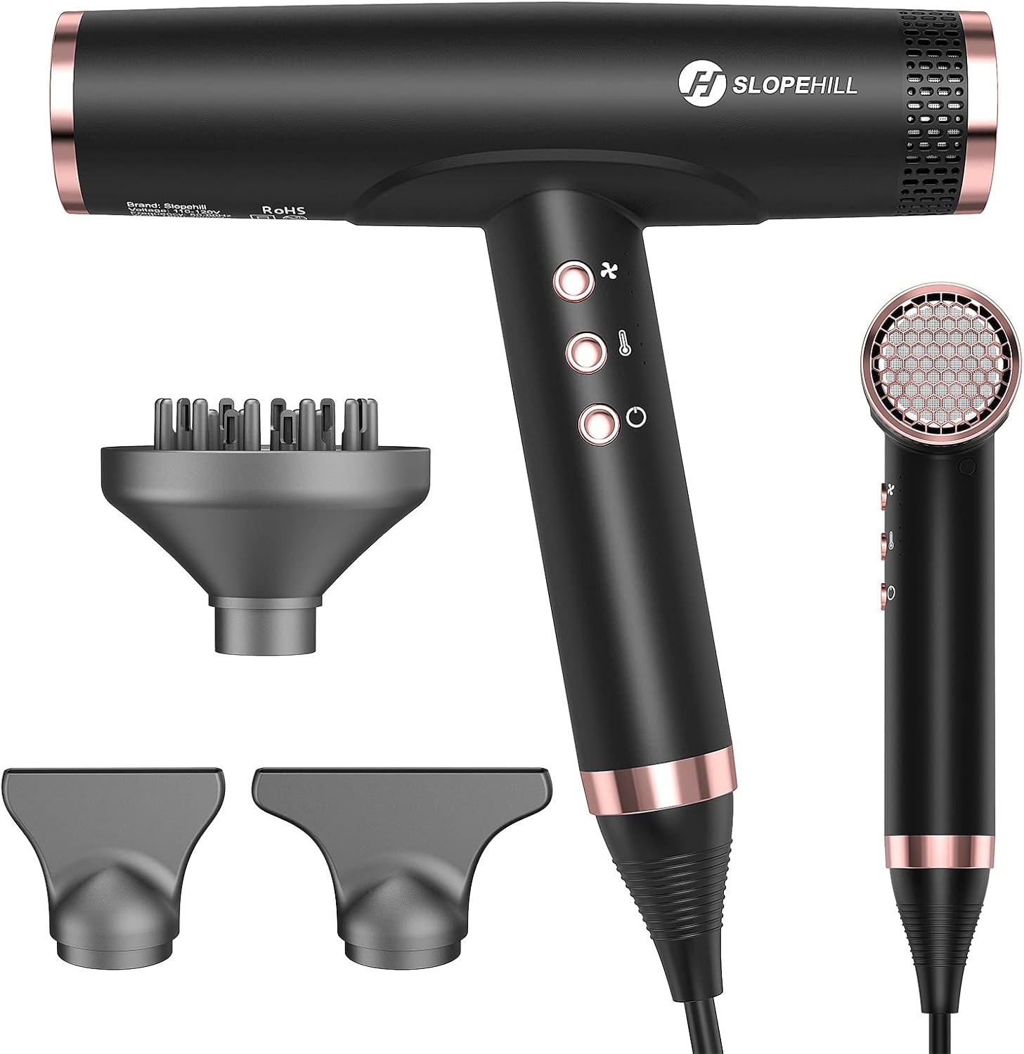 Slopehill Professional Hair Dryer, Ionic Hair Dryer with Diffuser, Lightweight Compact Powerful & Fast Salon Blow Dryer with High Speed Brushless Motor, Travel Hair Dryer, Women & Men (Ceramic, Black