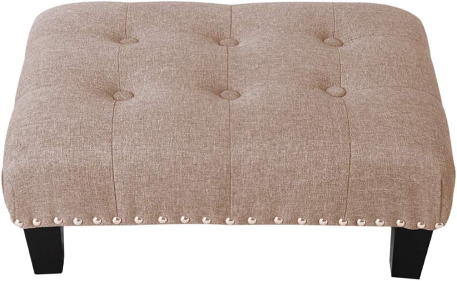 INMOZATA Linen Fabric Footstool Upholstered Ottoman Pouffe Stool Change Shoe Footrest Wooden Legs for Living Room Bedroom Beige