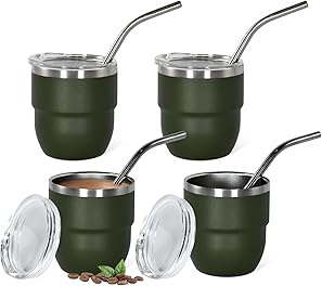 4 oz Stackable Cup, 4 Pack Mini Tumbler Shot Glass with Straw, Vacuum Insulated Espresso Coffee Cup for Party Drinks, Coffee, Cocktails, Bar, Travel, Camping, Camp Green