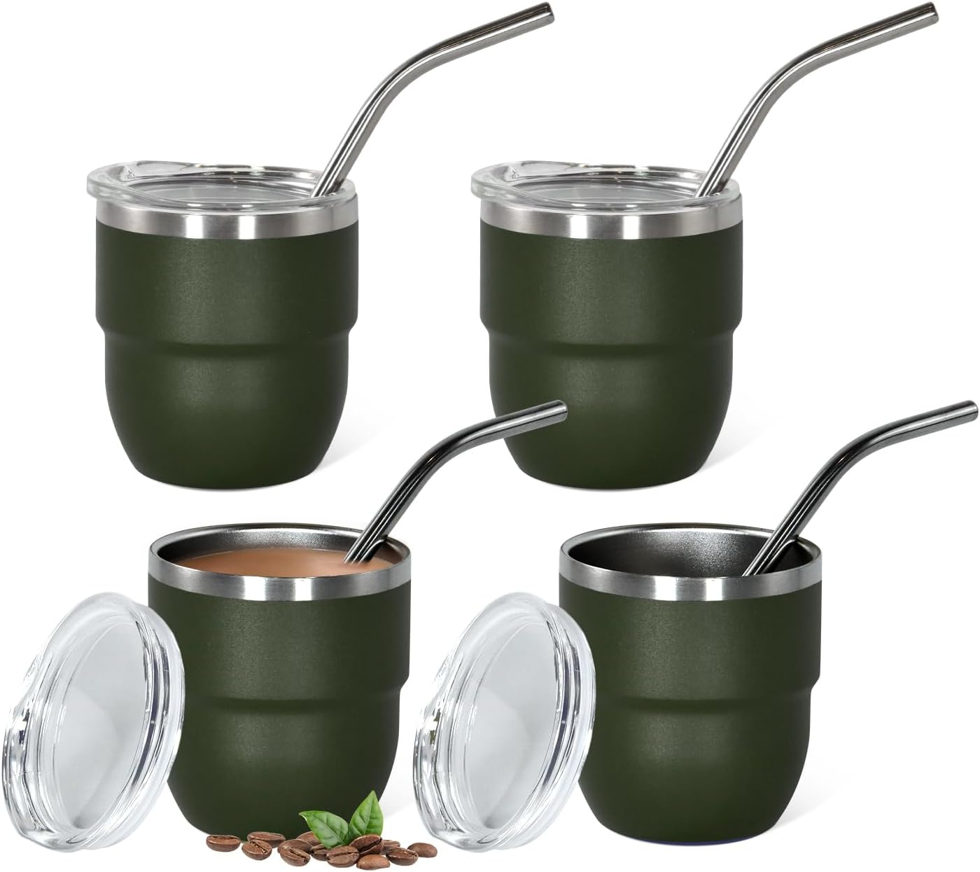 4 oz Stackable Cup, 4 Pack Mini Tumbler Shot Glass with Straw, Vacuum Insulated Espresso Coffee Cup for Party Drinks, Coffee, Cocktails, Bar, Travel, Camping, Camp Green