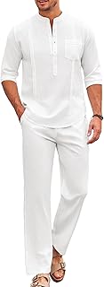COOFANDY Men's 2 Piece Cotton Sets Casual Long Sleeve Cuban Henley Shirt and Loose Pants Set Beach Vacation Outfits