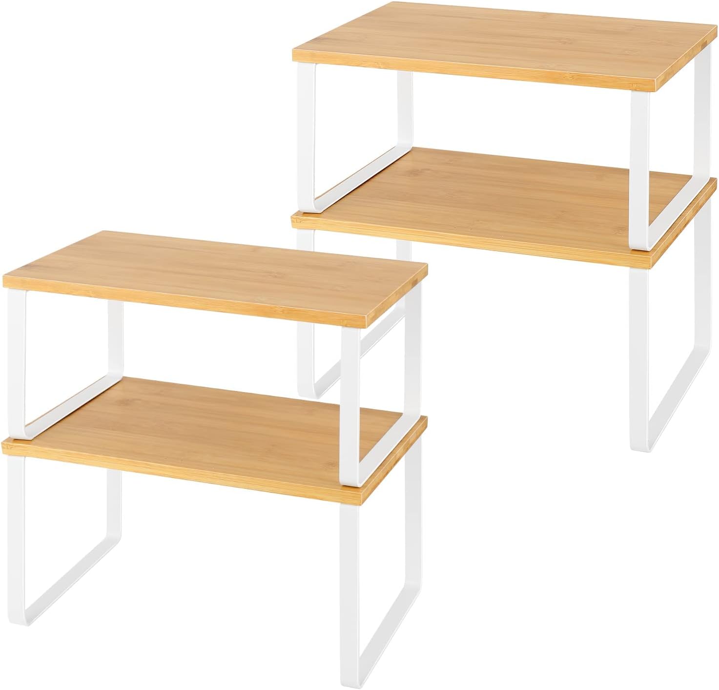 LIANTRAL Kitchen Cupboard Organiser, 4-Pack Cabinet Storage Shelf Organizer Rack, Wood and Metal, Expandable Spice Holder, Stackable Storage Shelves for Cupboard, Countertop,Pantry, Natural and White