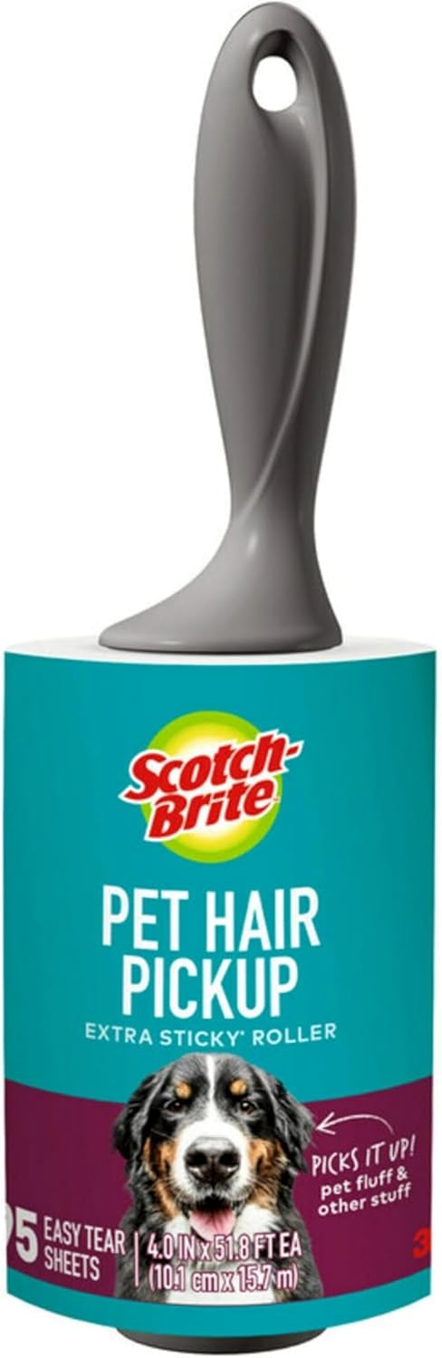 Scotch-Brite Pet Hair Pickup Extra Sticky Lint Roller, Designed for Removing Fur + Fluff on Couches, Clothes, Dog and Cat Beds, & More, 1 Pack, 95 Easy-Tear Adhesive Sheets Total