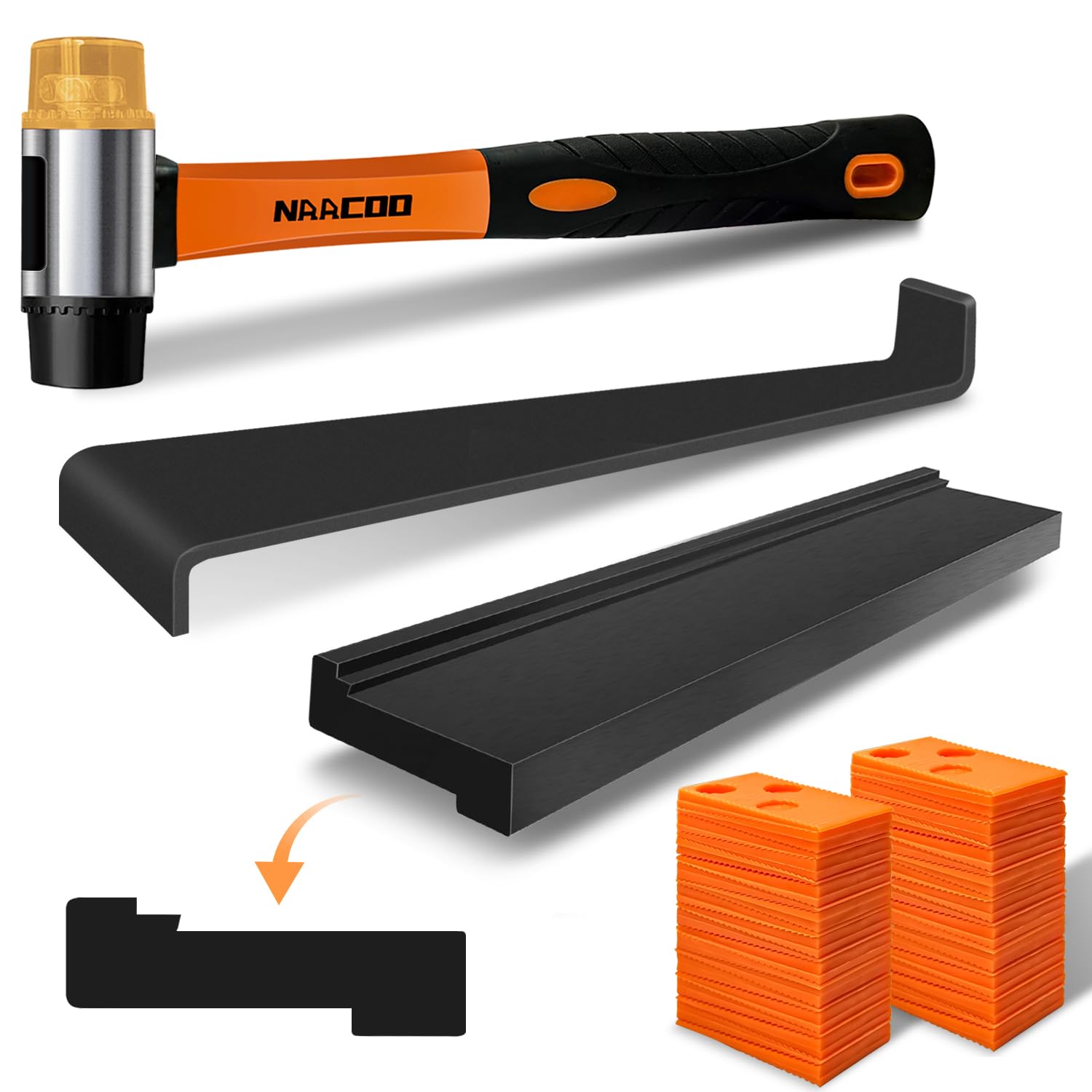 Laminate/Vinyl Flooring Tools, NAACOO Tapping Block for Vinyl Plank Flooring - Double Sided with Notches, Pull Bar, 40Pcs Floor Spacers, Rubber Mallet. Universal Floor Installation kit.