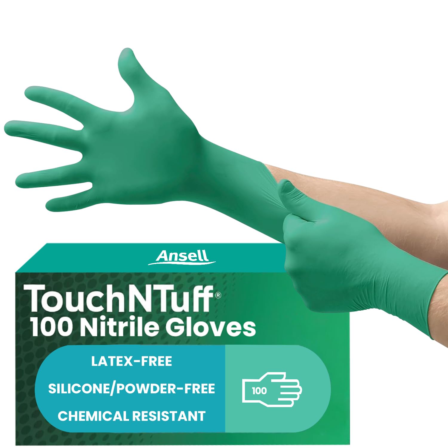 Ansell TouchNTuff 92-600 Disposable Gloves in Nitrile for Chemical, Food-handling, Mechanics use, Powder-free, Green Size 8.5 - 9 (Box of 100 gloves)