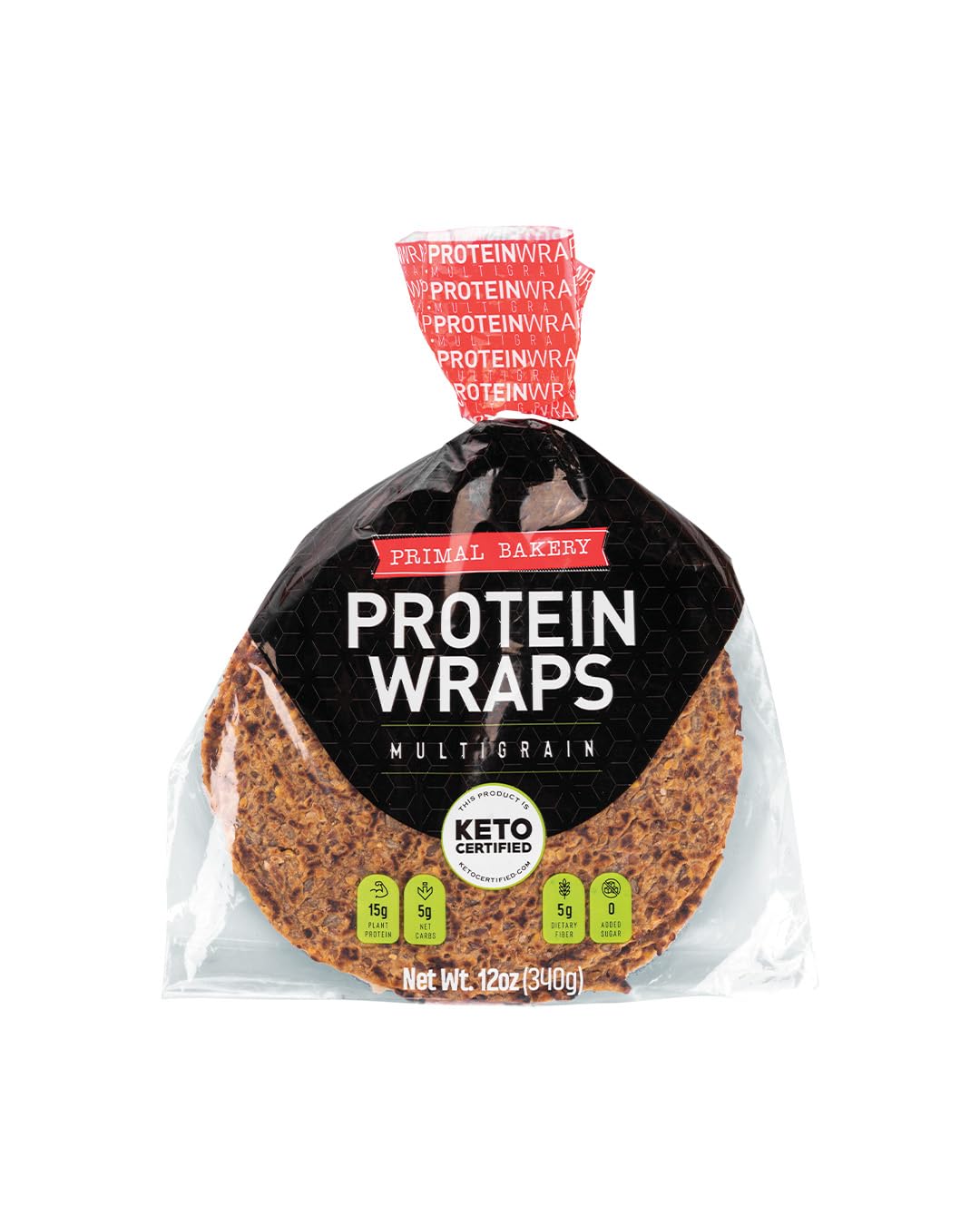 Primal Bakery Multigrain Protein Wraps - 5-Count. 15g Plant-Based Protein per Wrap | Soft Vegan Wraps for Sandwiches, Lunches & Quick Meals | 0 Added Sugar | Gut-Friendly Fiber | Keto-Certified (5g Net Carbs)