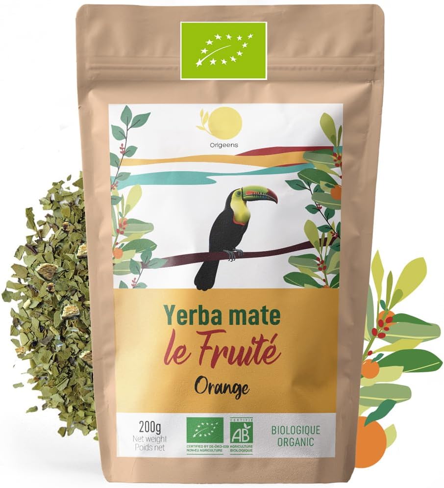 ORIGEENS ORGANIC YERBA MATE with ORANGE 200gr | Yerba Mate Tea unsmoked, Leaf, Without Stems, not powdery | Energy and Detox Drink