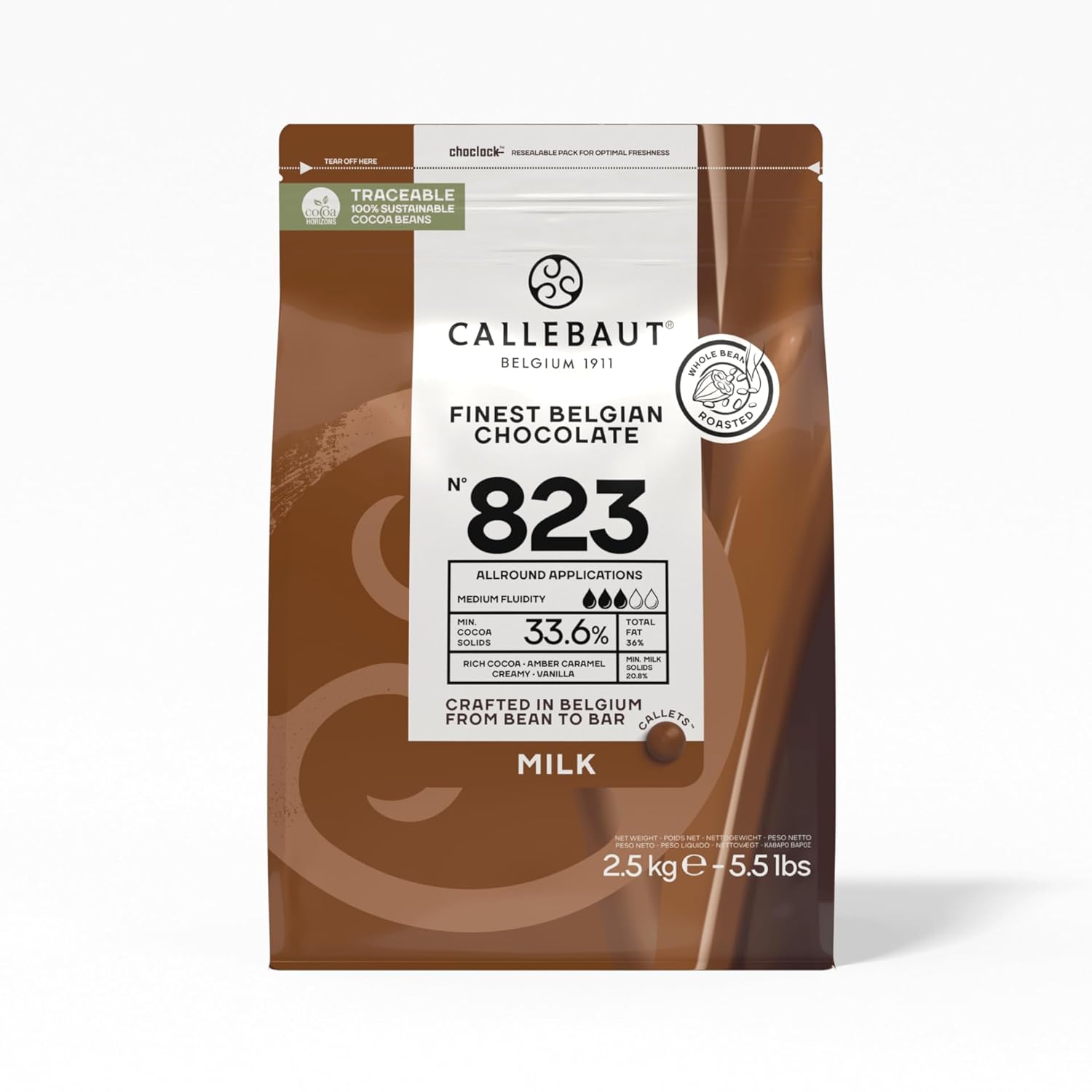 Callebaut Recipe No. 823 Finest Belgian Milk Chocolate With 33.6% Cacao, 20.8% Milk, 5.51 Pound