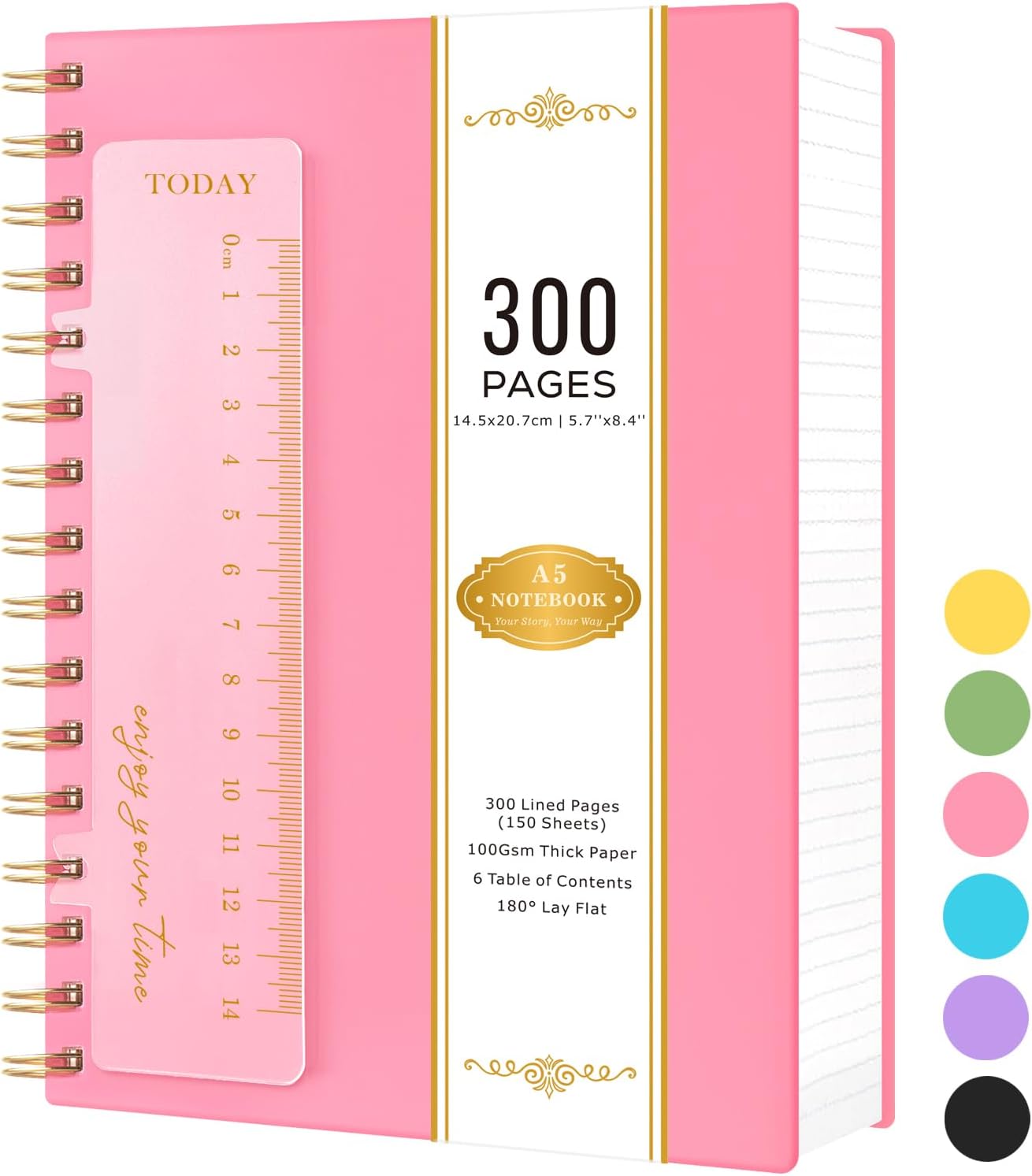 NIRMIRO Notebook Notepad A5, 300 Pages Wirebound Spiral Notebooks for Writing, Hardback Thick Note Book with 100GSM Lined Paper, No Bleed, PVC Waterproof Cover, 14.5 x 20.7cm, Pink