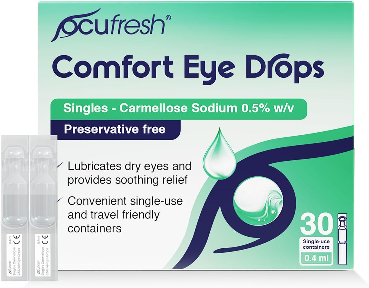 Ocufresh Comfort Eye Drops – 30 Single-Use Vials (0.4ml Each) – Mild & Gentle Dry Eye Relief for Screen Fatigue, Redness, Irritation – Preservative-Free, Sterile & Travel-Friendly Hydration