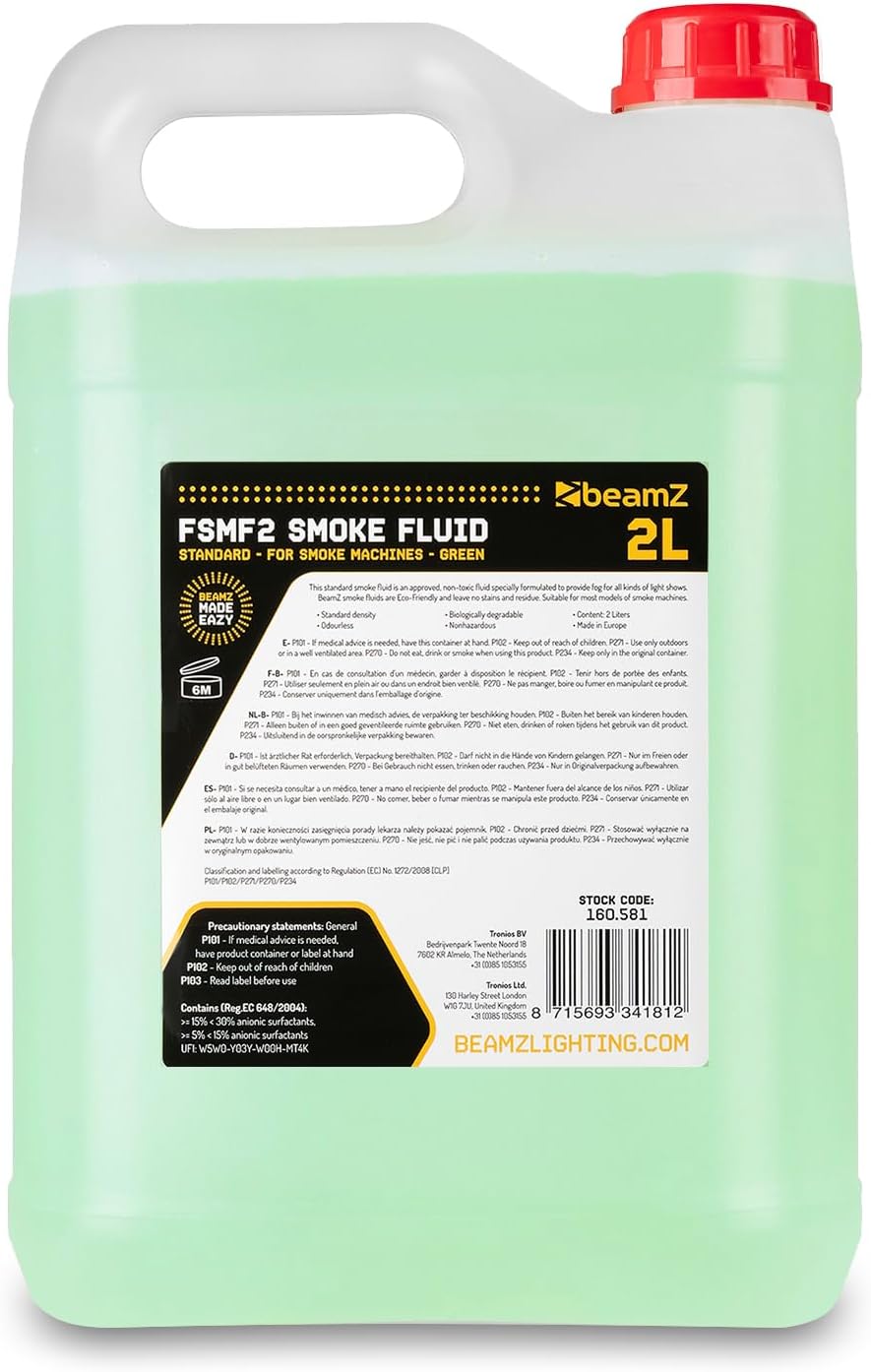 beamz FSMF2 Green Smoke Fluid, Naturally Dissolving, Non-Staining, Non-Toxic, Odourless, Sustainable Fog Juice, Long Lasting Mist Haze Liquid for Smoke Machines, DJ Events & Parties, 2L