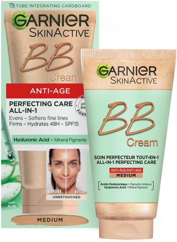 Garnier SkinActive Anti-Age BB Cream, Shade Medium, Tinted Moisturiser SPF 15, Softens Fine Lines & Firms Skin, With Hyaluronic Acid, Aloe & Mineral Pigments, 50 m