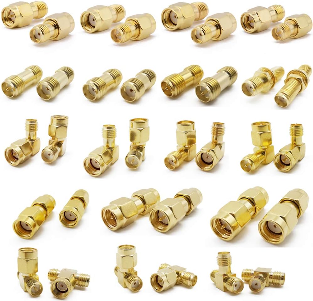 SMA Connectors kit 18 Type SMA RP-SMA Adapter Plug and Jack Straight and 90° SMA Connector Goldplated Brass RF Coax Connectivity Set for FPV Antennas Radio Baofeng Yaesu IP Camera Project