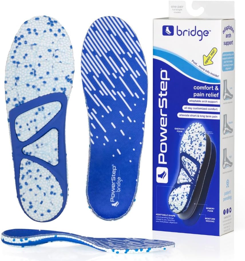 PowerStep Bridge, Flexible Arch Insoles, Comfort Memory Foam Insert, Plantar Fasciitis Pain Relief, Adaptable Arch Support, Neutral Arch, Shoe Inserts, Unisex (Men 8-9.5, Women 9-10.5)