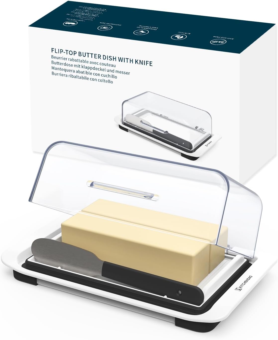 KITCHENDAO Airtight Flip-Top Butter Dish with Lid and Knife Spreader for Countertop and Refrigerator, Butter Keeper, Plastic Butter Holder Tray for 2 Sticks East Coast/ West Coast/ Kerrygold Butter
