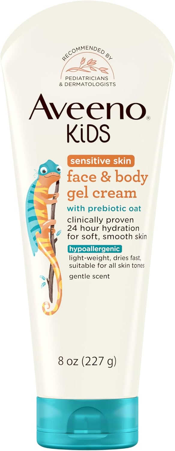 Aveeno Sensitive Skin Face & Body Gel Cream for Kids with Prebiotic Oat, Clinically Proven 24 Hour Hydration for Soft Skin, Quick Drying and Lightweight, Hypoallergenic, 8 oz