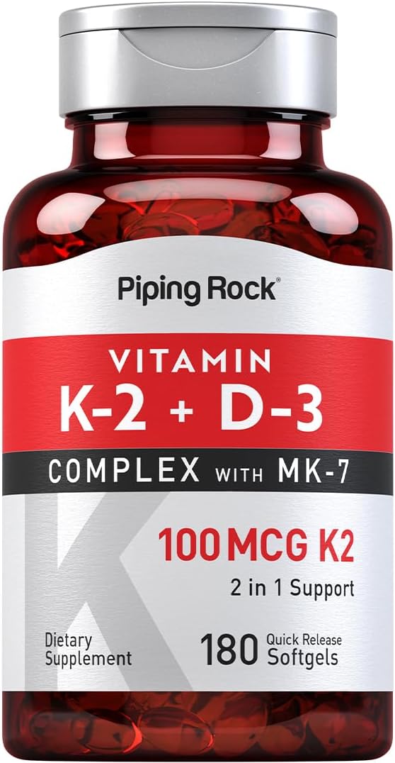 Piping Rock Vitamin K2 D3 Supplement | 100 mcg | 180 Softgels | MK-7 Complex | Non-GMO, Gluten Free