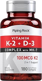 Piping Rock Vitamin K2 D3 Supplement | 100 mcg | 180 Softgels | MK-7 Complex | Non-GMO, Gluten Free