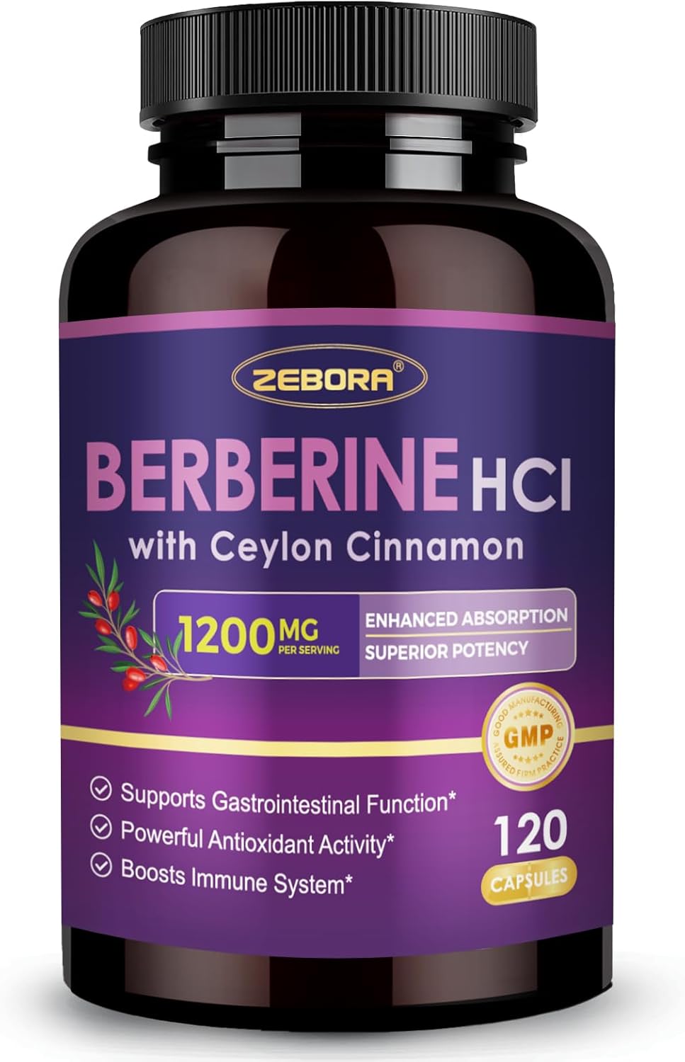 ZEBORA Premium Berberine HCL Supplement 1200 mg, Berberine GLP-1 Support with Ceylon Cinnamon, ALA & Capric Acid, Supports Immune & Antioxidant, Non-GMO, 120 Capsules