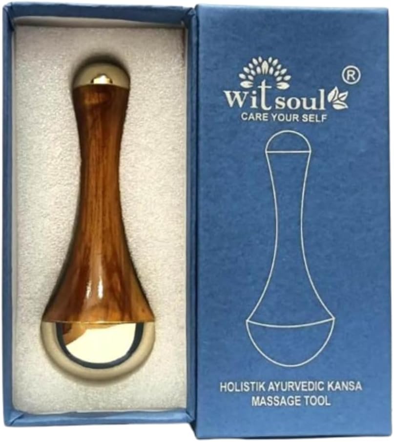 WITSOUL Double Cup kansa Wand face,Foot and Eye Massager/Unique Design - 2 in 1 Kansa/Two Different Sizes with Teak Wood Handle 1pcs