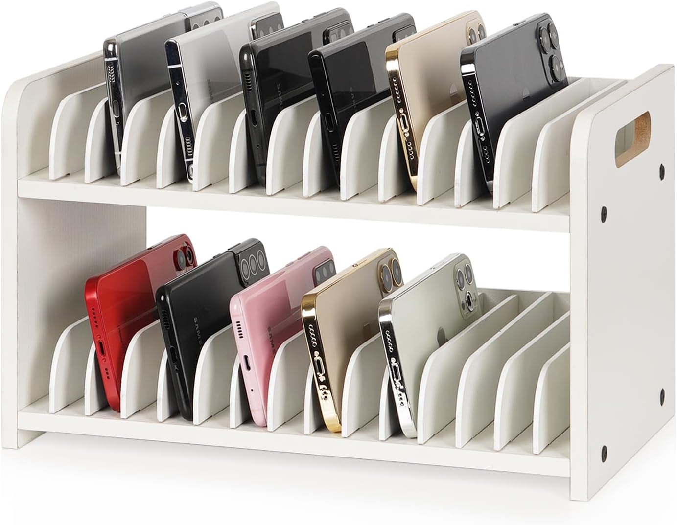 Cell Phone Storage Classroom Cell Phone Holder Adjustable Wooden Multiple Rack Caddy Organizer Box for Classroom Office Desktop with 1-30 Number Stickers (30-Grid) (White)