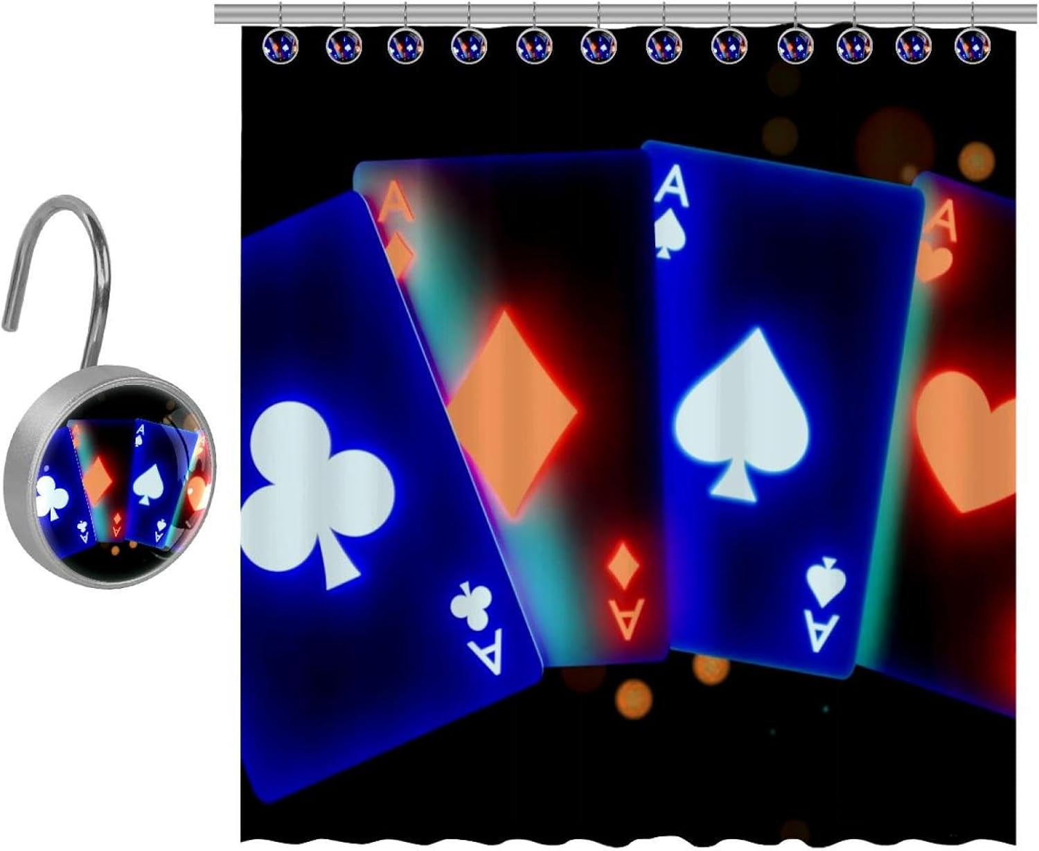 VAPOKF Glowing Ace Poker Card Prints Shower Curtain, Polyester Shower Curtain Set with 10 Stainless Steel Hooks for Bathroom Rustic Farmhouse 167x182 cm