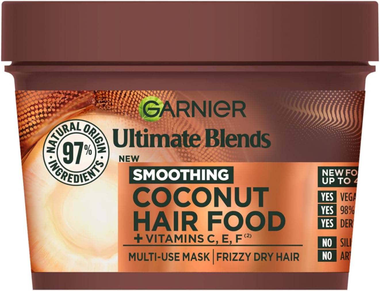 Garnier Hair Food 3-in-1 Hair Treatment Mask, Smooths and Nourishes, For Frizzy & Curly Hair, No Silicones, Vegan Formula, Coconut and Macadamia, Ultimate Blends, 400ml